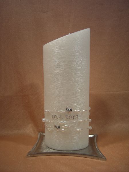 Hochzeitskerze  Perlmutt Oval schlichtes Silber Kreuz   504